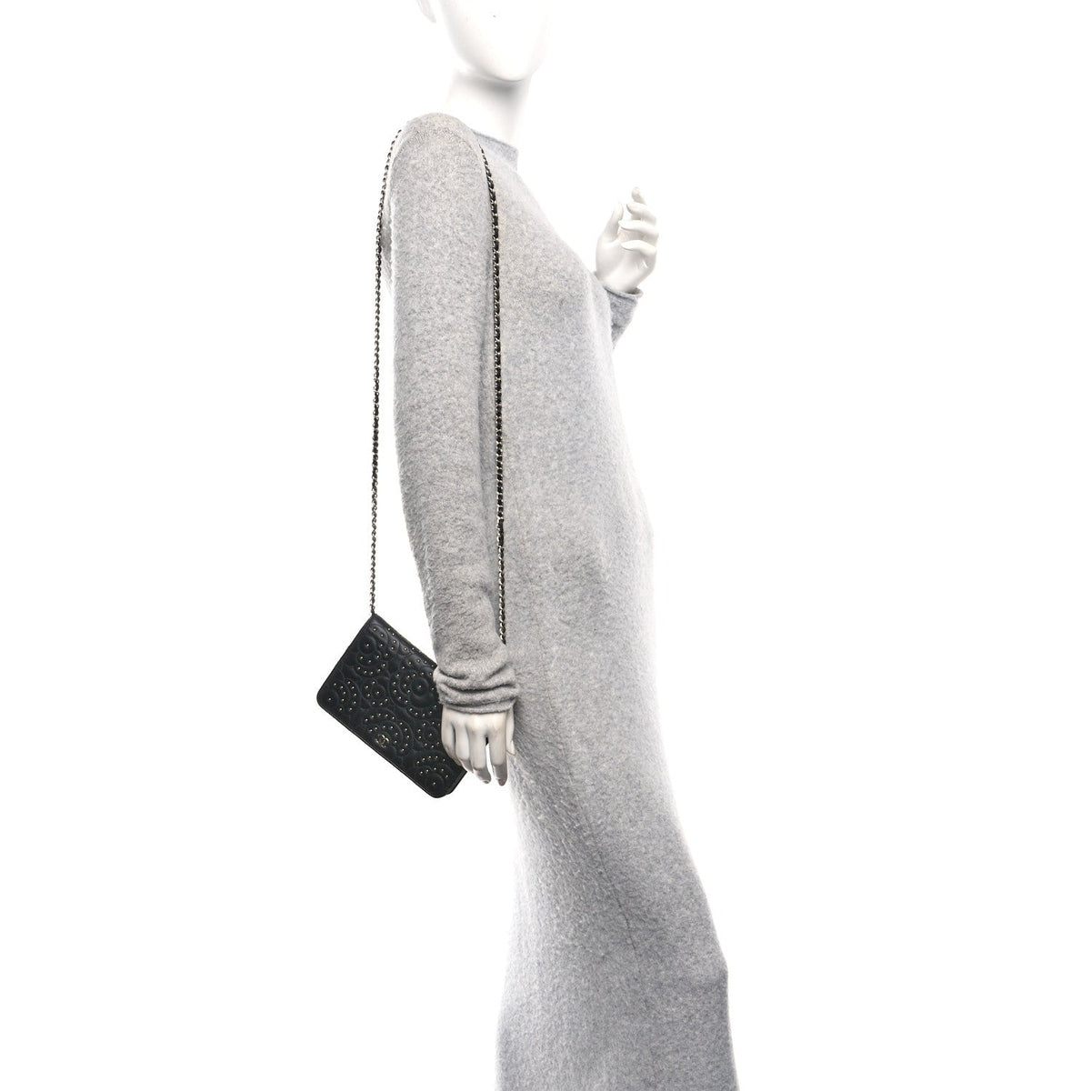 Lambskin Camellia Studded Wallet on Chain WOC Black wholesalehk.shop