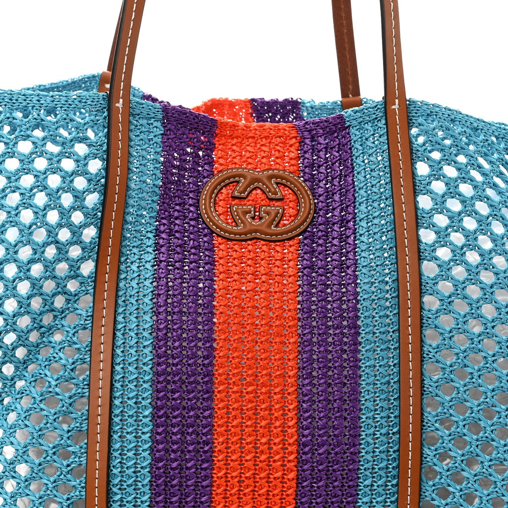 Raffia Web Woven Interlocking G Tote Blue Multicolor wholesalehk.shop
