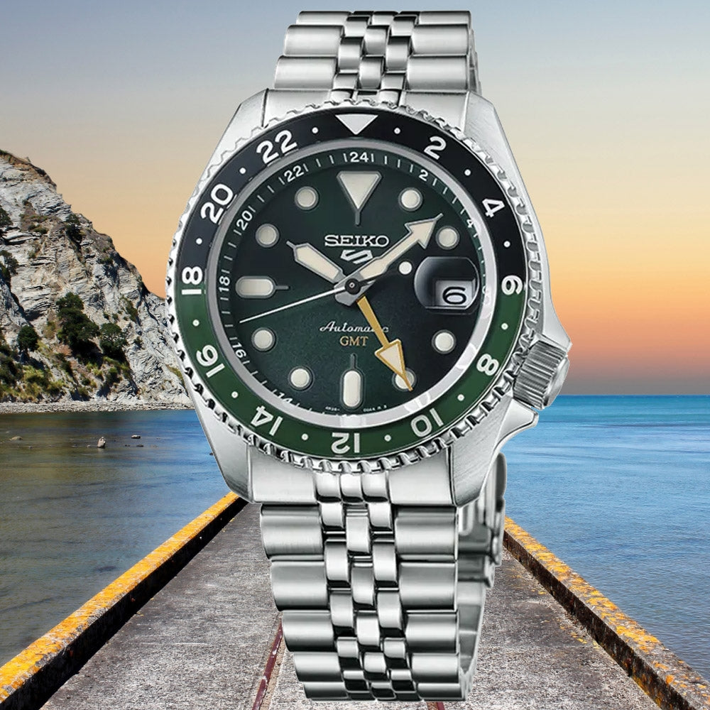 Seiko 5 Sports SKX GMT Automatic Green Dial Silver Steel Strap Watch For Men - SSK035K1 wholesalehk.shop