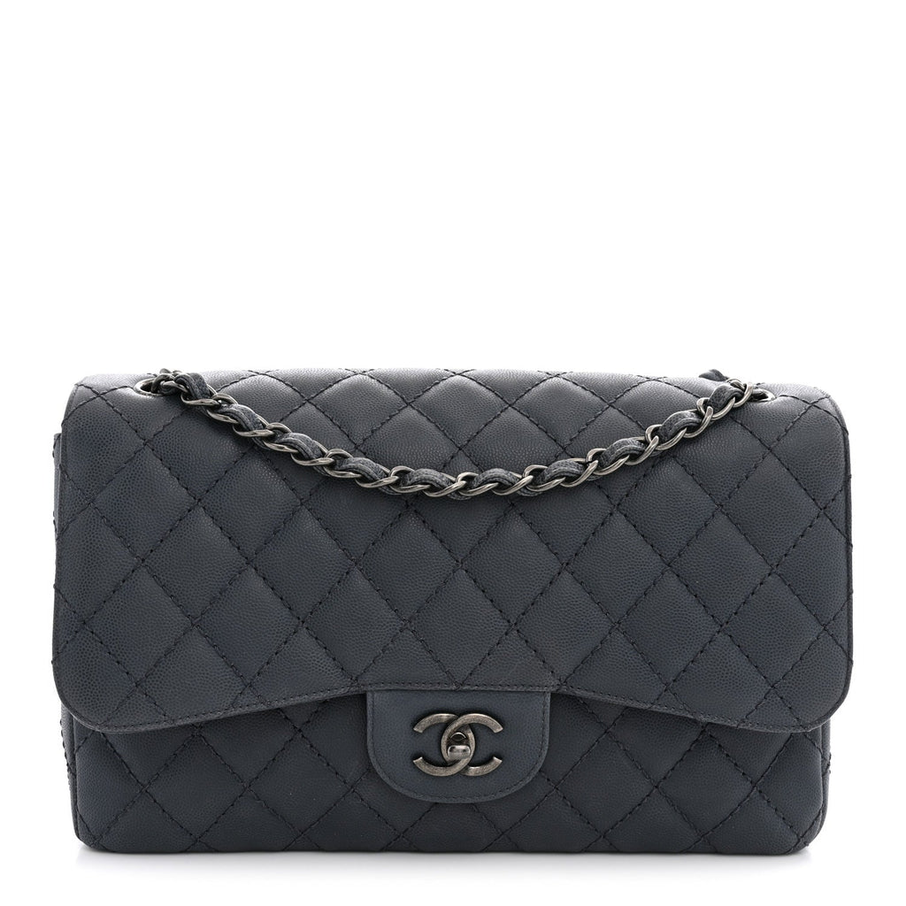 Washed Caviar Quilted Jumbo Double Flap Dark Grey wholesalehk.shop