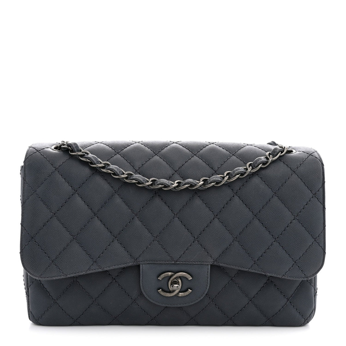 Washed Caviar Quilted Jumbo Double Flap Dark Grey wholesalehk.shop