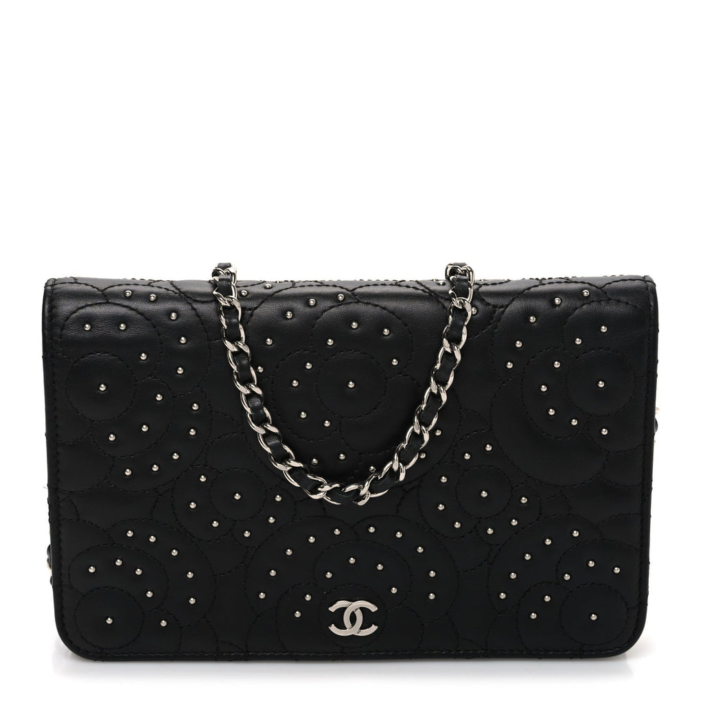 Lambskin Camellia Studded Wallet on Chain WOC Black wholesalehk.shop