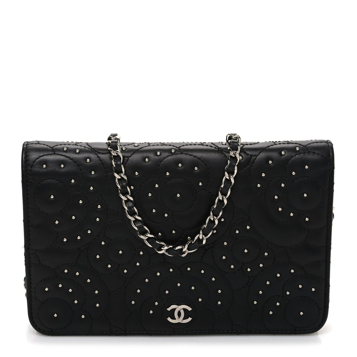 Lambskin Camellia Studded Wallet on Chain WOC Black wholesalehk.shop