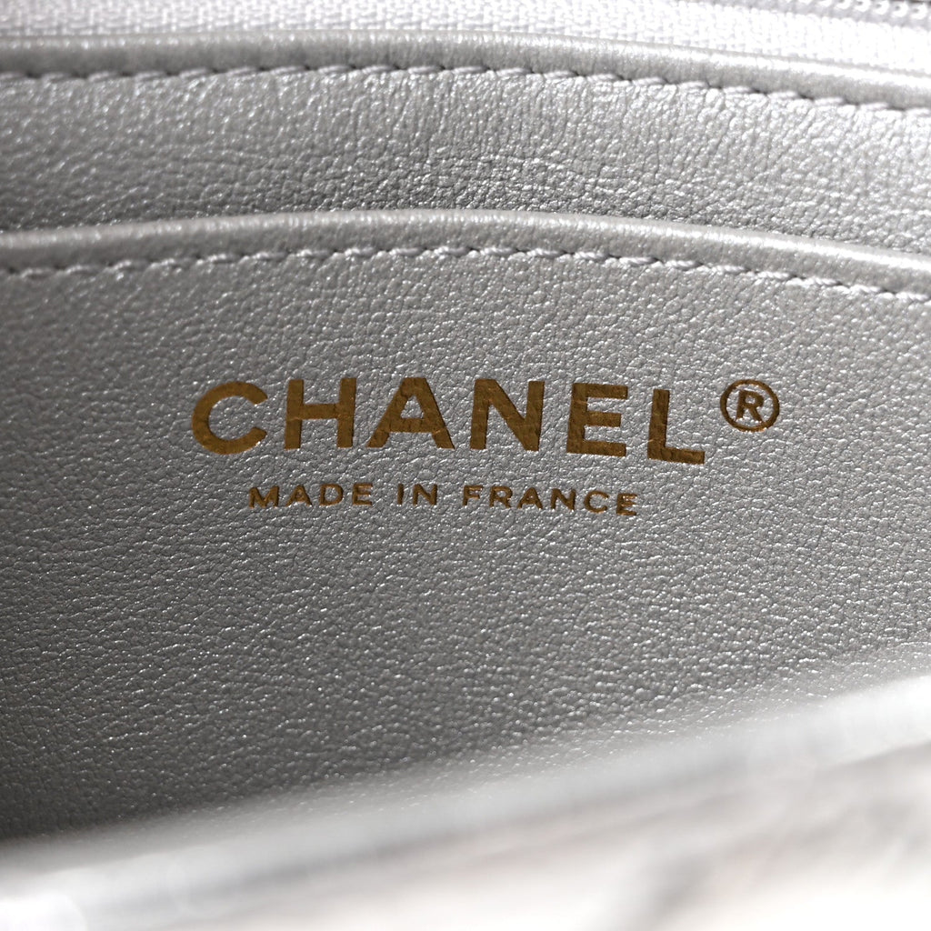 Hammered Metallic Calfskin Quilted Small Double Flap Silver wholesalehk.shop