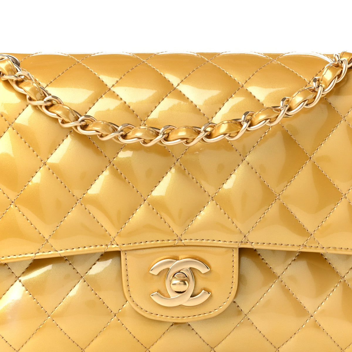 Metallic Patent Quilted Medium Double Flap Gold wholesalehk.shop