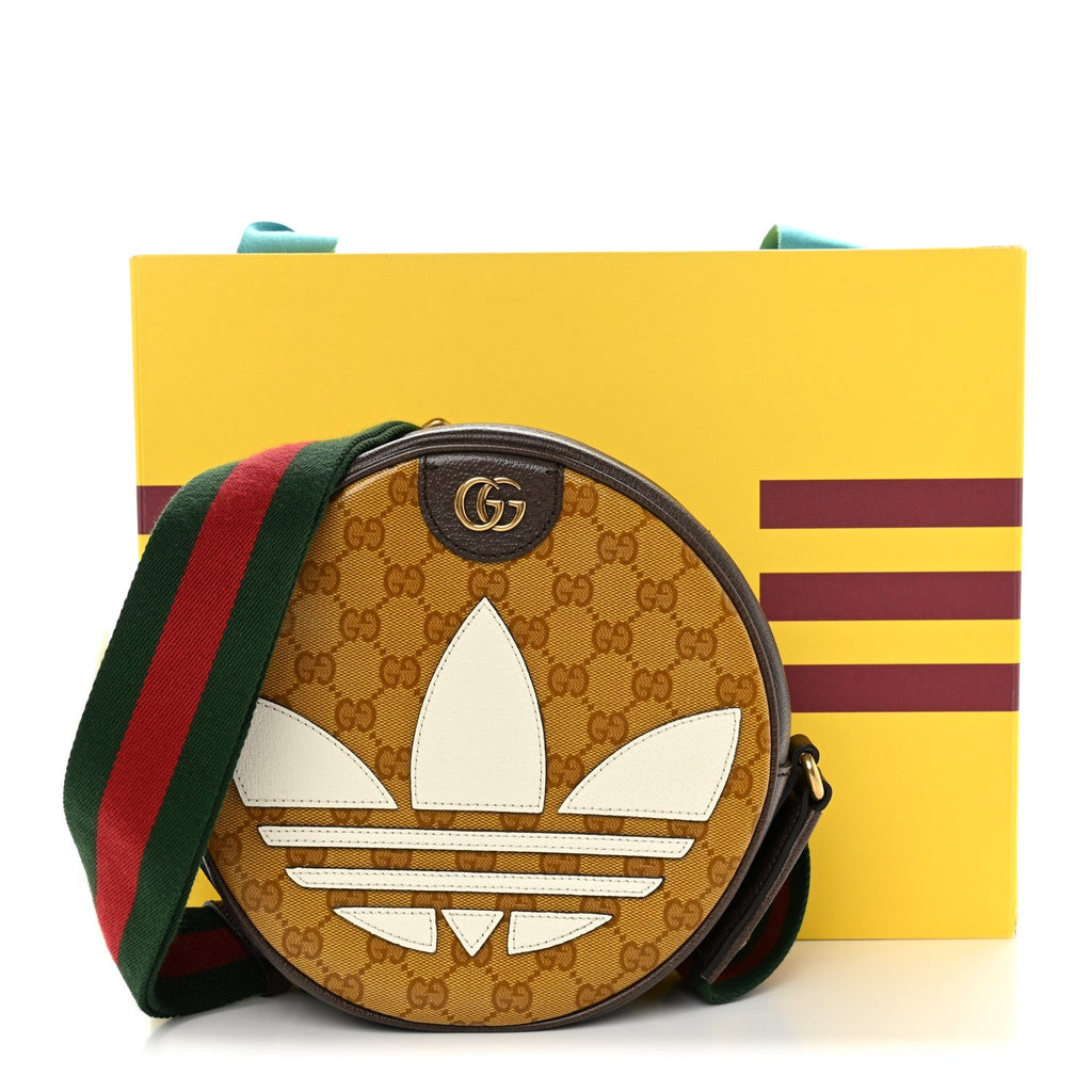 X ADIDAS Crystal Vintage Monogram Textured Dollar Calfskin Web Trefoil Small Ophidia Round Shoulder Bag Mid Natural Nut Off White New Acero wholesalehk.shop