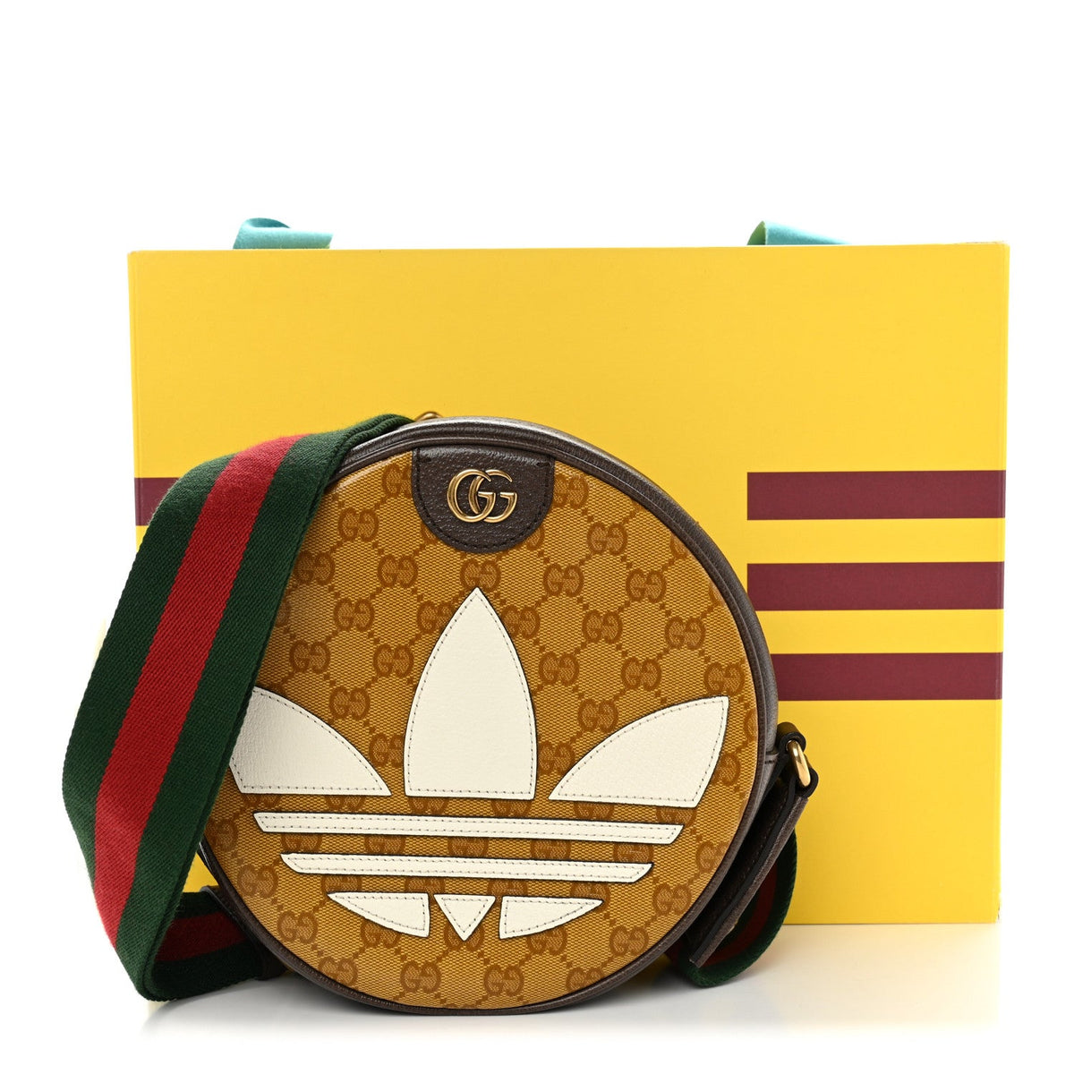 X ADIDAS Crystal Vintage Monogram Textured Dollar Calfskin Web Trefoil Small Ophidia Round Shoulder Bag Mid Natural Nut Off White New Acero wholesalehk.shop