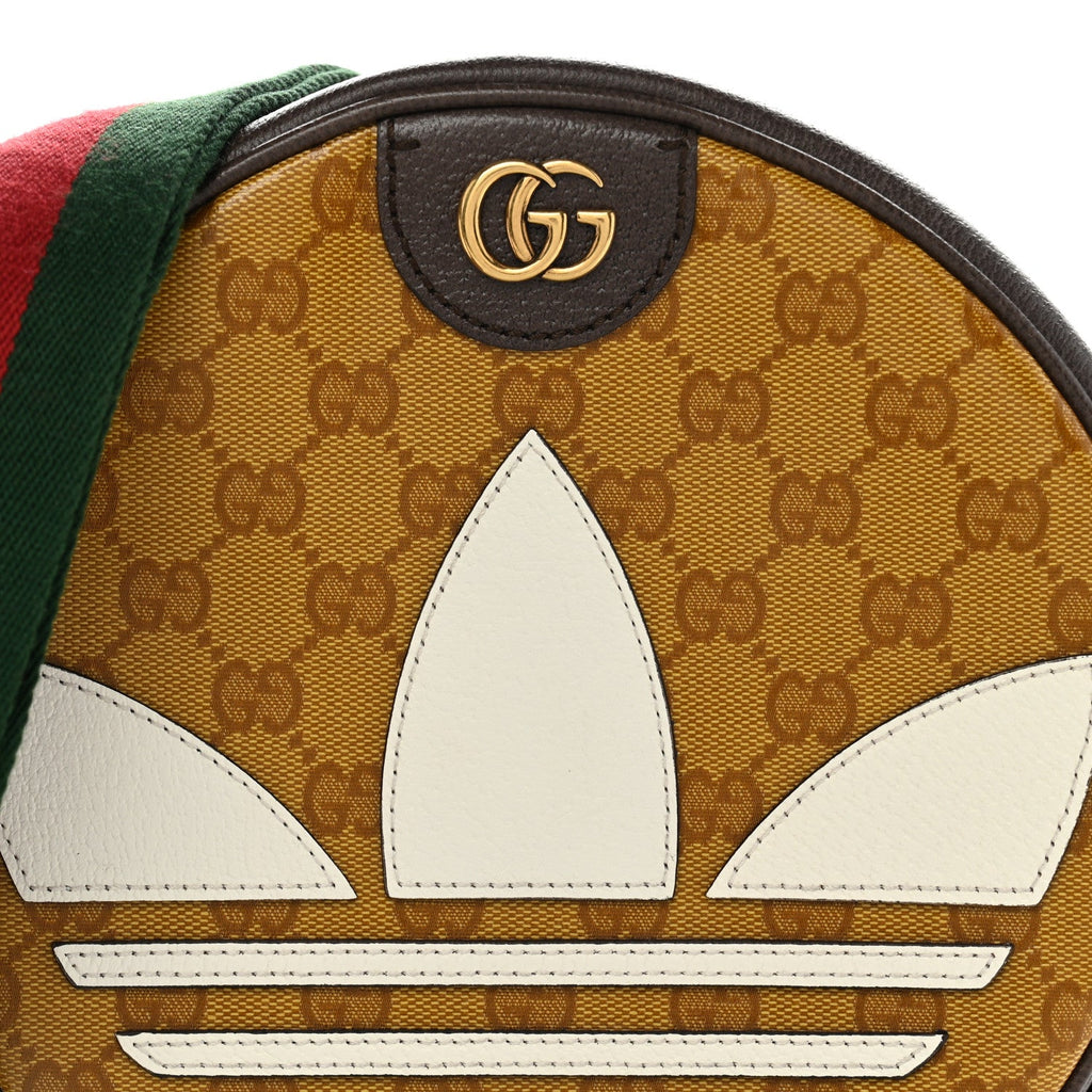 X ADIDAS Crystal Vintage Monogram Textured Dollar Calfskin Web Trefoil Small Ophidia Round Shoulder Bag Mid Natural Nut Off White New Acero wholesalehk.shop