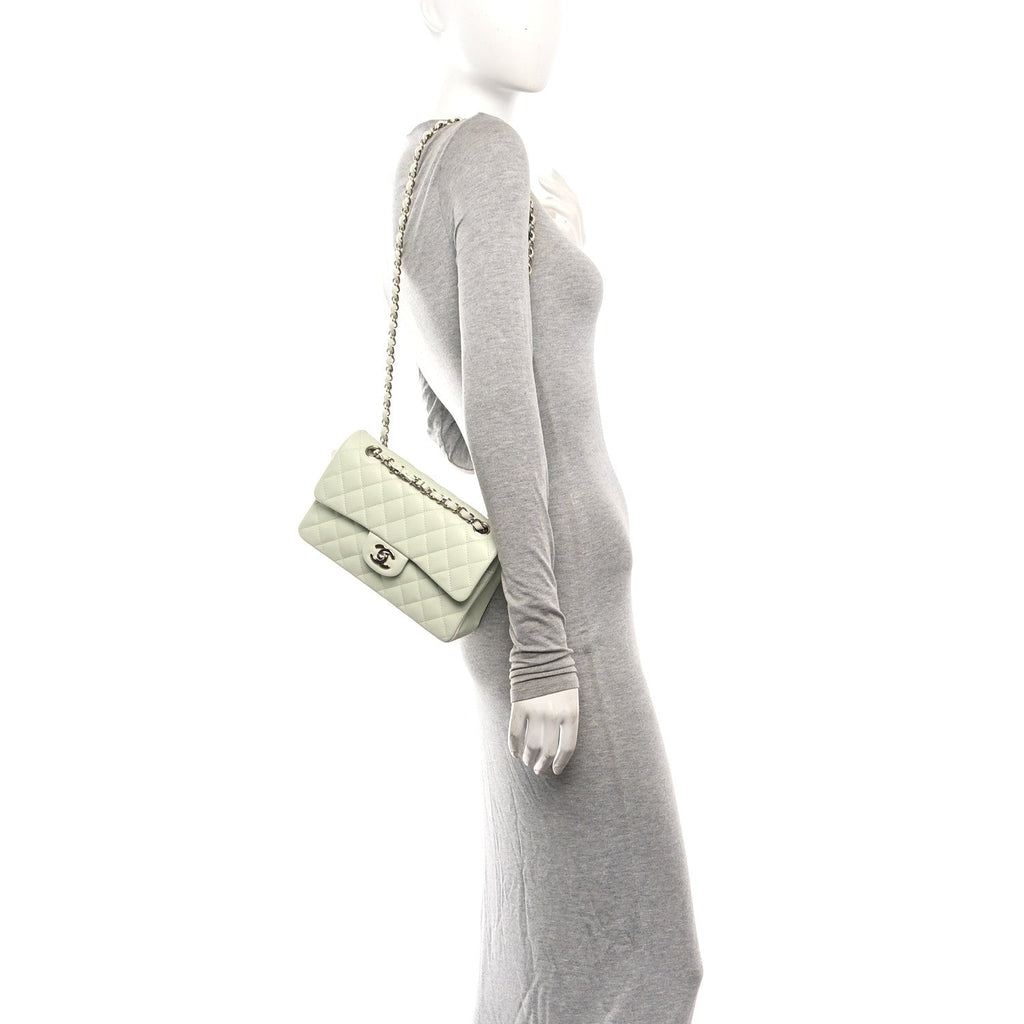 Caviar Quilted Small Double Flap Light Green wholesalehk.shop