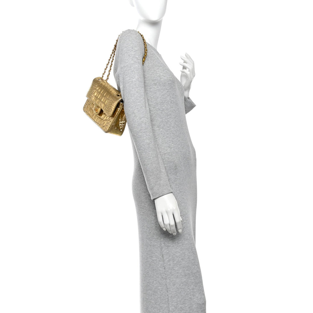 Metallic Calfskin Crocodile Embossed Cocodile Small Double Flap Gold wholesalehk.shop
