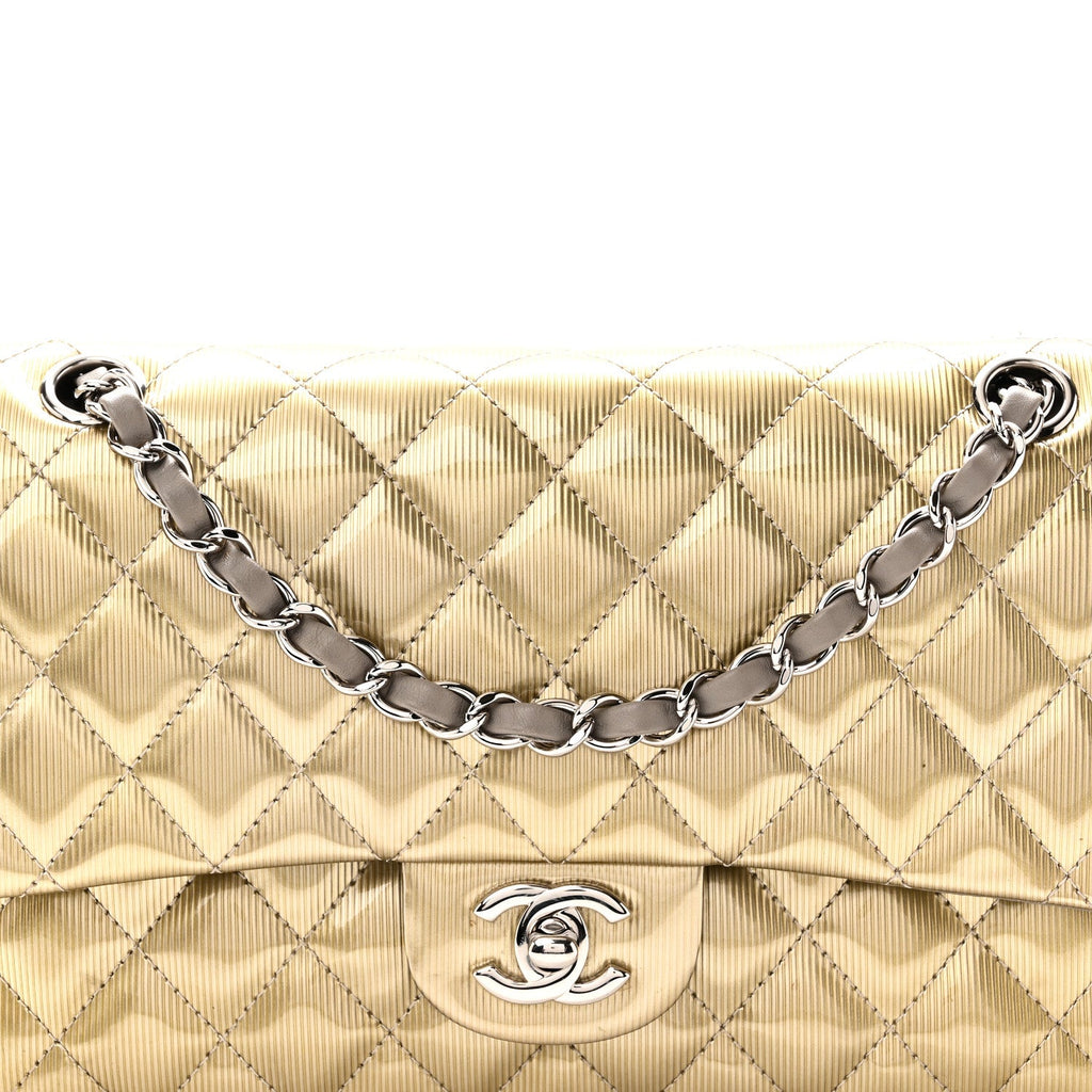 Striated Patent Quilted Medium Double Flap Gold wholesalehk.shop