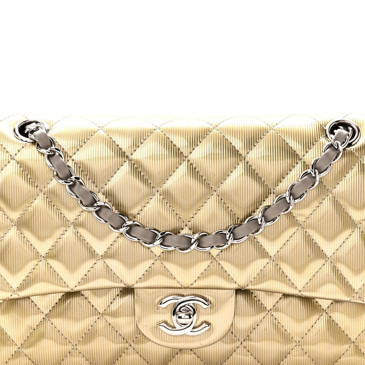 Striated Patent Quilted Medium Double Flap Gold wholesalehk.shop