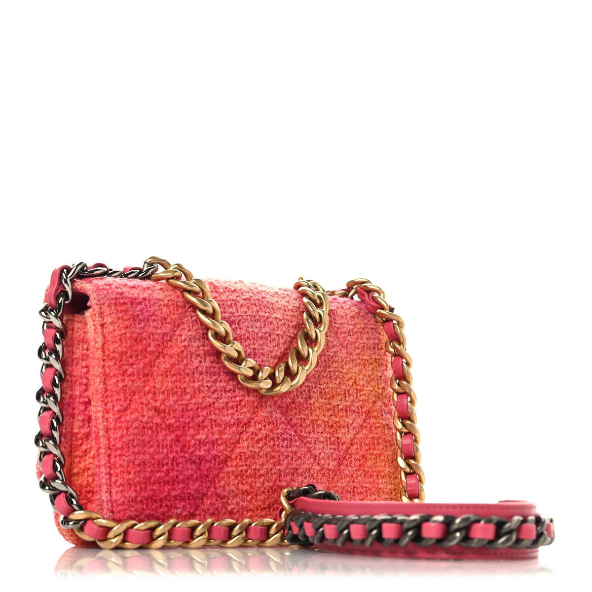 Wool Tweed Lambskin Quilted Chanel 19 Wallet On Chain WOC Coral Pink wholesalehk.shop