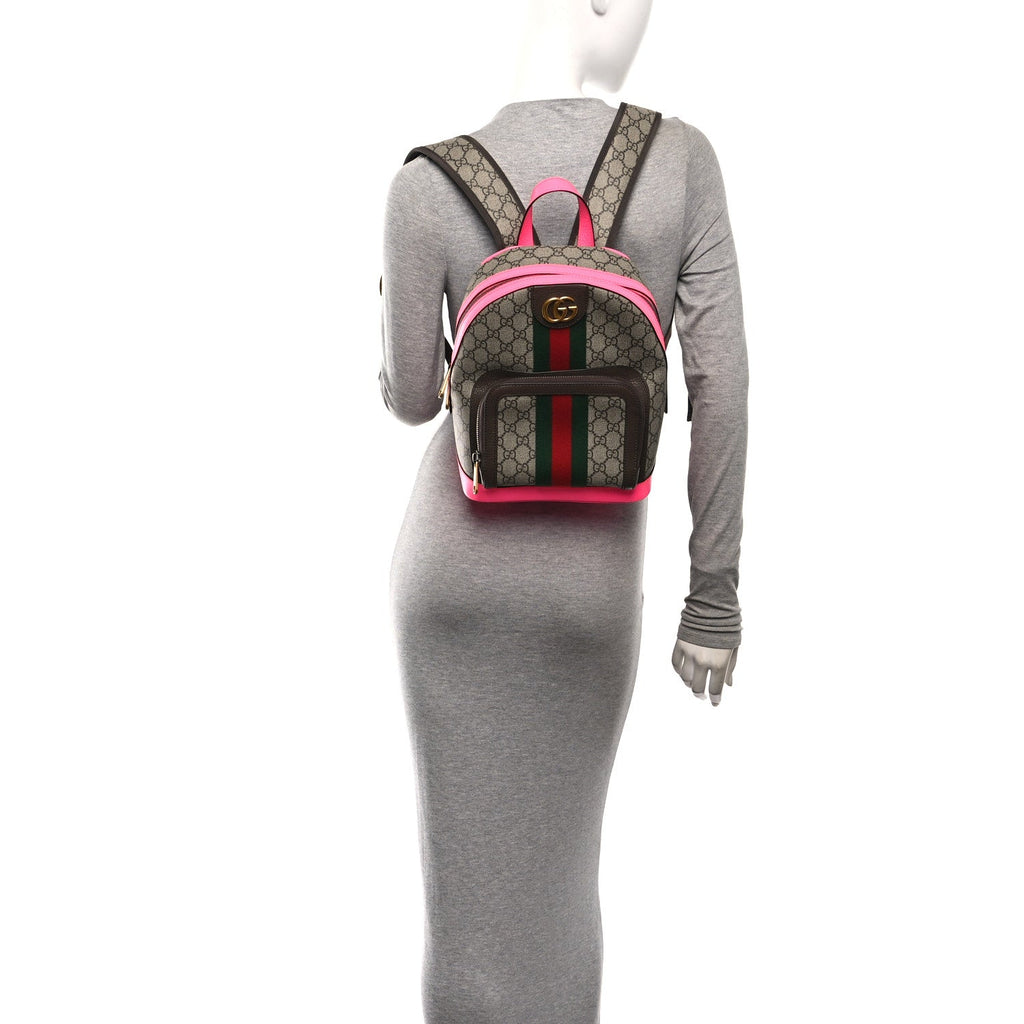 GG Supreme Monogram Textured Dollar Calfskin Web Small Ophidia Day Backpack Beige Ebony Fluorescent Fuchsia wholesalehk.shop