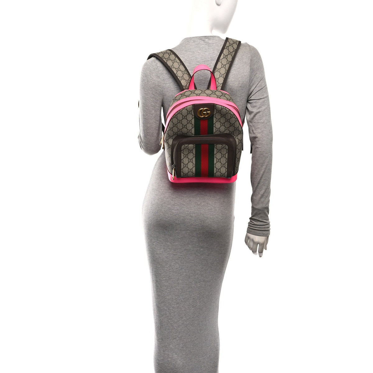 GG Supreme Monogram Textured Dollar Calfskin Web Small Ophidia Day Backpack Beige Ebony Fluorescent Fuchsia wholesalehk.shop