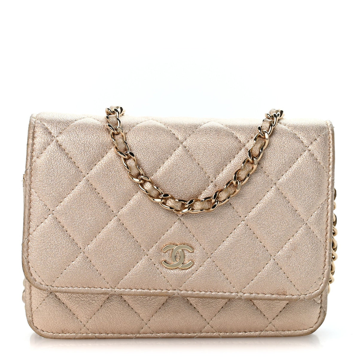 Metallic Lambskin Quilted Mini Wallet On Chain WOC Gold wholesalehk.shop