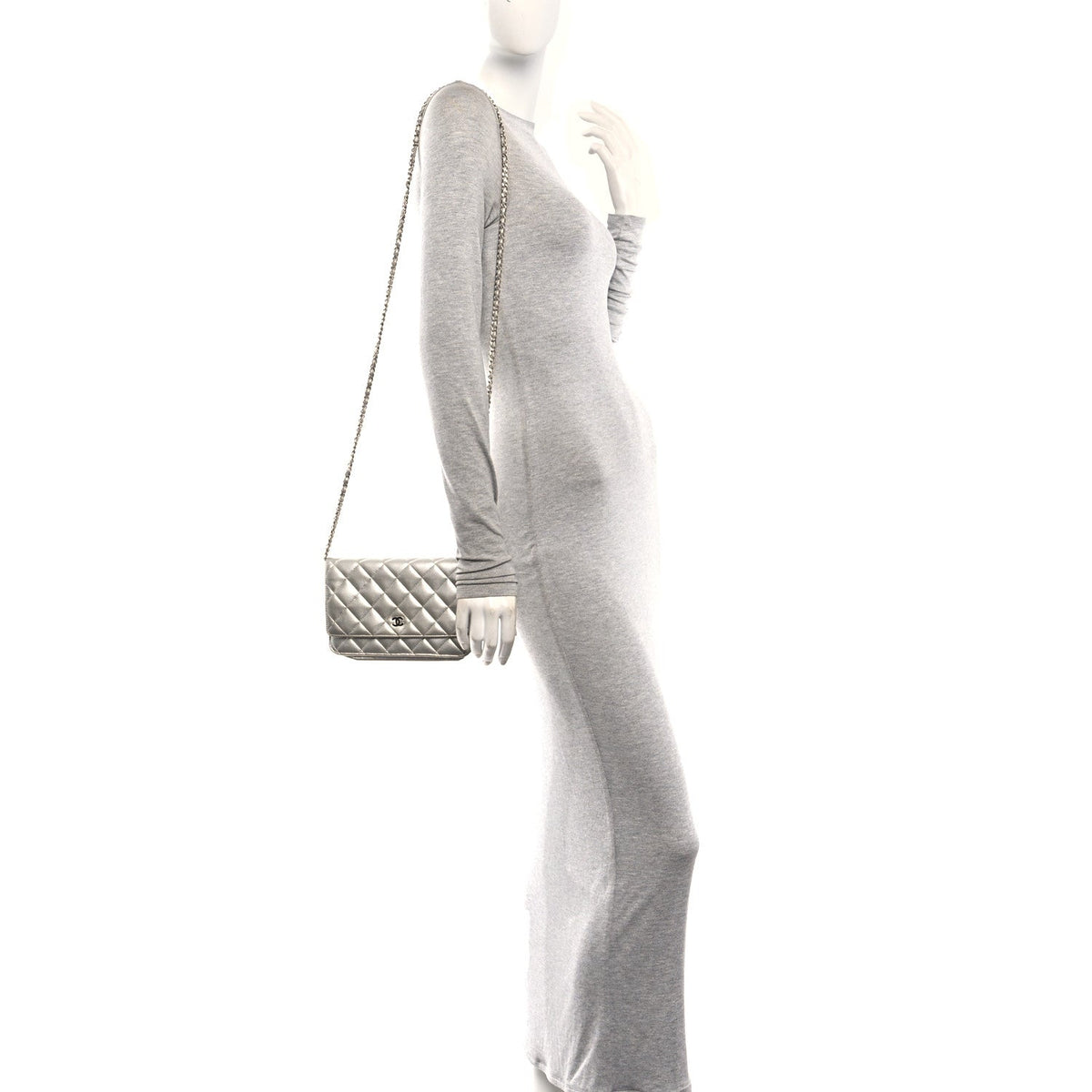 Metallic Lambskin Quilted Wallet On Chain WOC Silver wholesalehk.shop