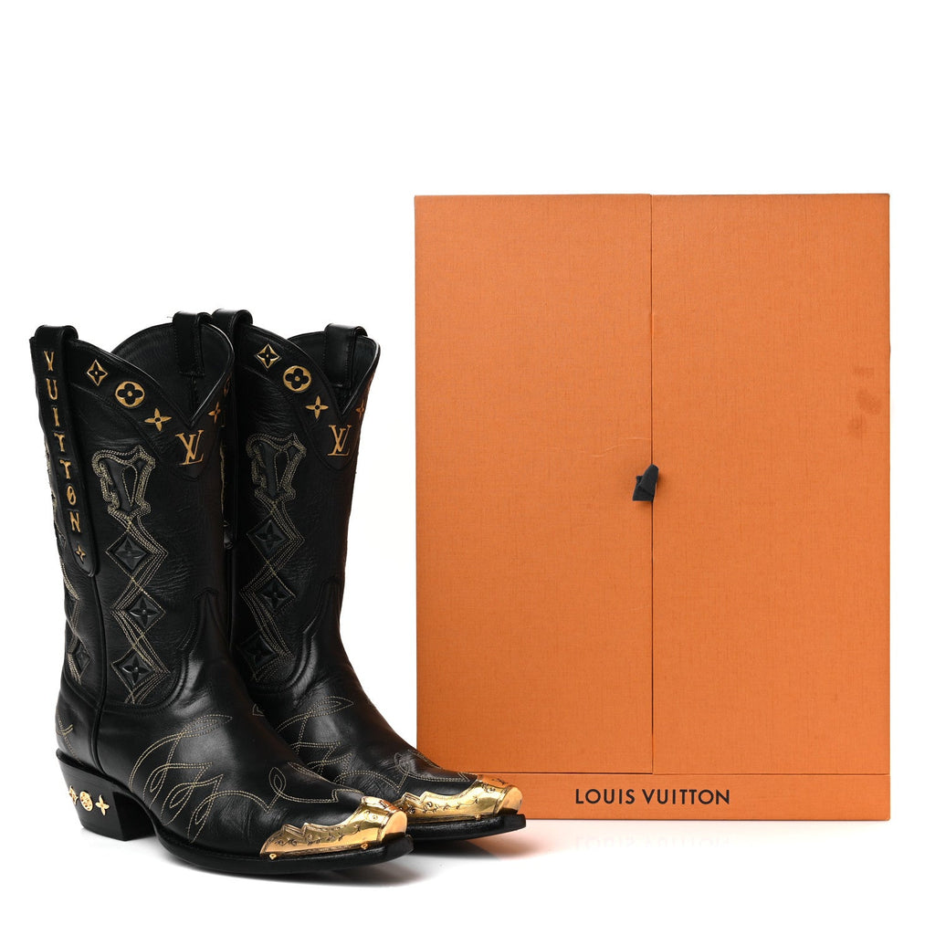Calfskin LV Texan Mens Rider Boots 7.5 Black Gold £¨ Direct shipment via from wholesalehk.shop