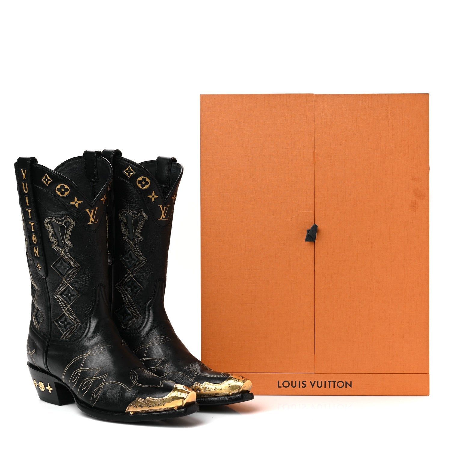 Calfskin LV Texan Mens Rider Boots 7.5 Black Gold £¨ Direct shipment via from wholesalehk.shop