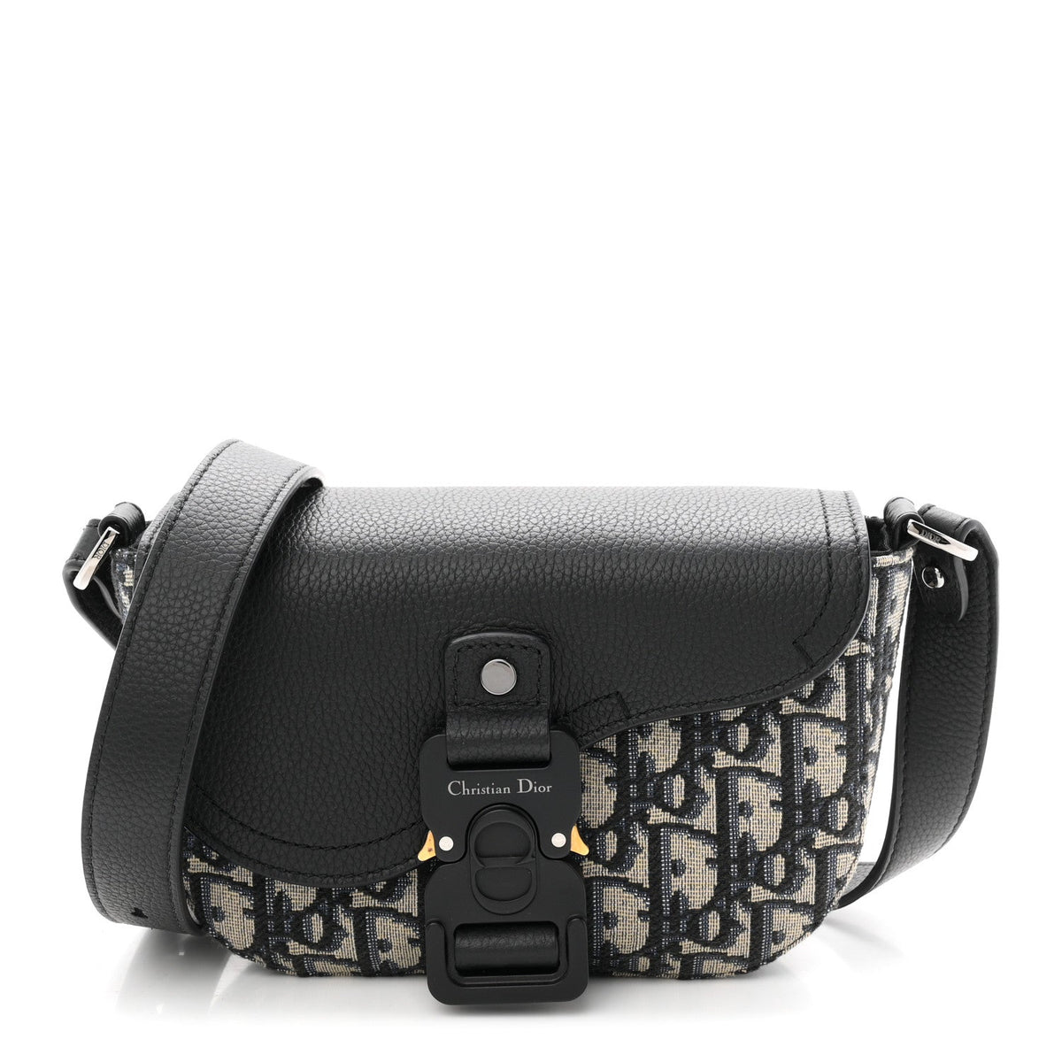 Grained Calfskin Oblique Mini Saddle Messenger Bag With Flap Beige Black wholesalehk.shop
