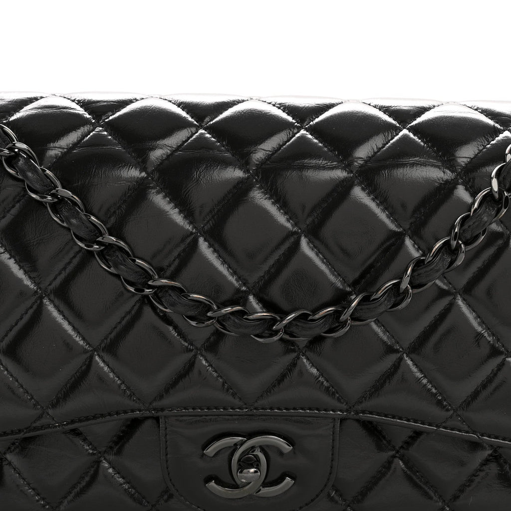 Shiny Crumpled Calfskin Quilted Jumbo Double Flap So Black wholesalehk.shop