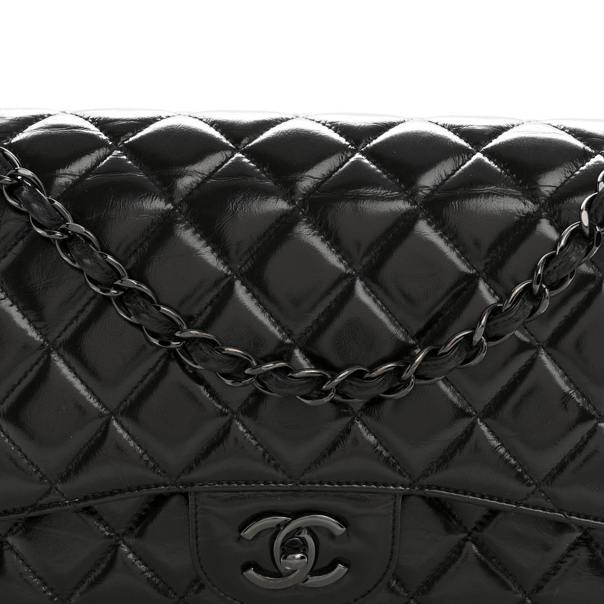 Shiny Crumpled Calfskin Quilted Jumbo Double Flap So Black wholesalehk.shop