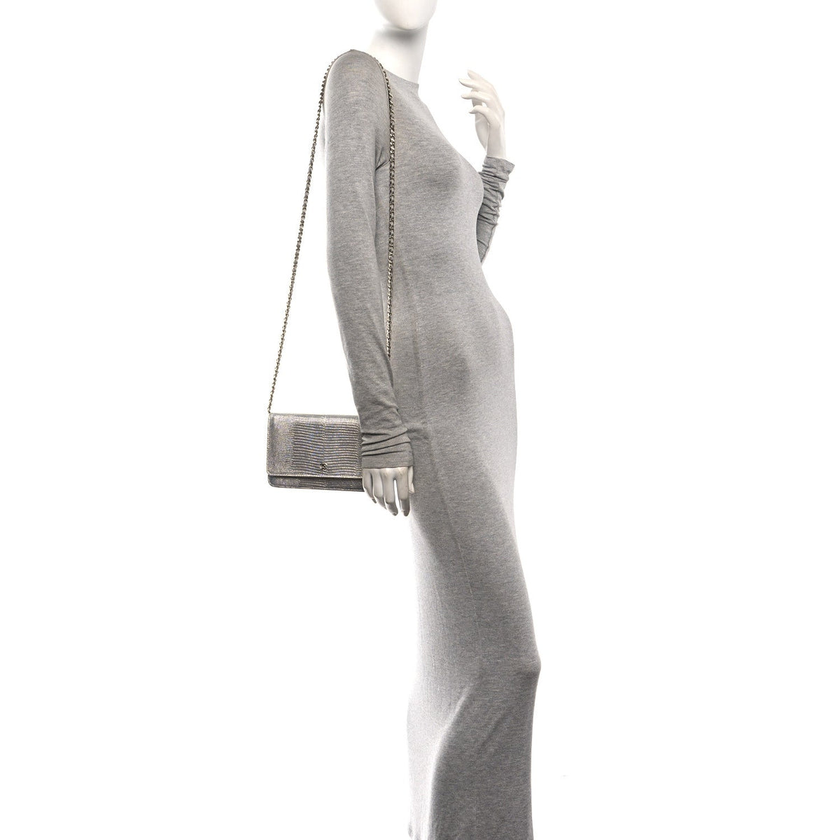 Calfskin Lizard Embossed Wallet on Chain WOC Silver wholesalehk.shop