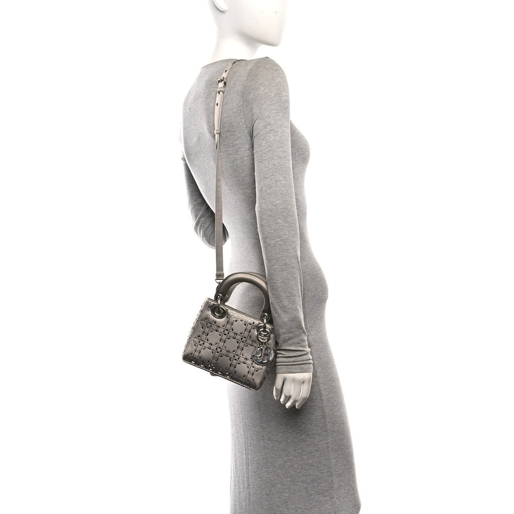 Satin Crystal Cannage Mini Lady Dior Gray wholesalehk.shop