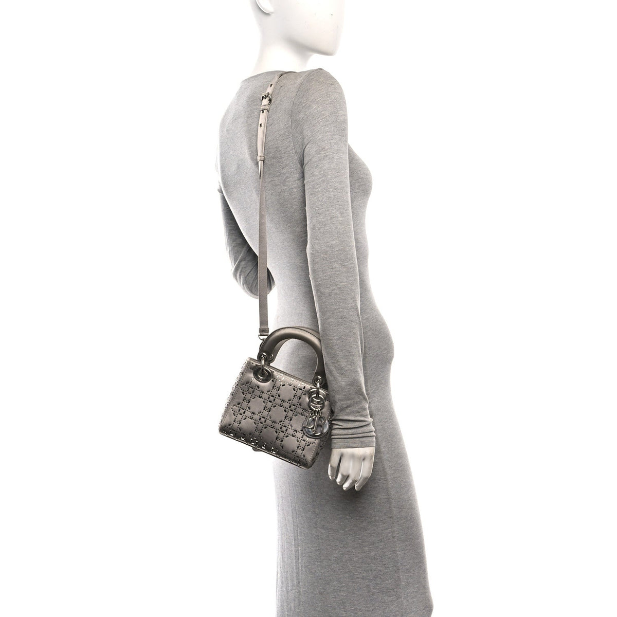 Satin Crystal Cannage Mini Lady Dior Gray wholesalehk.shop