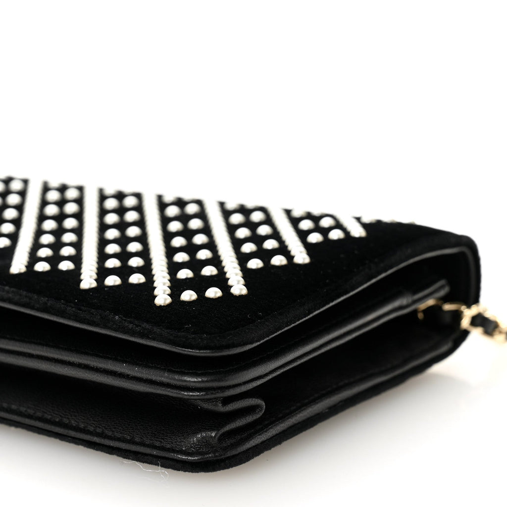 Velvet Pearl Diamond Embellished Wallet On Chain WOC Black wholesalehk.shop