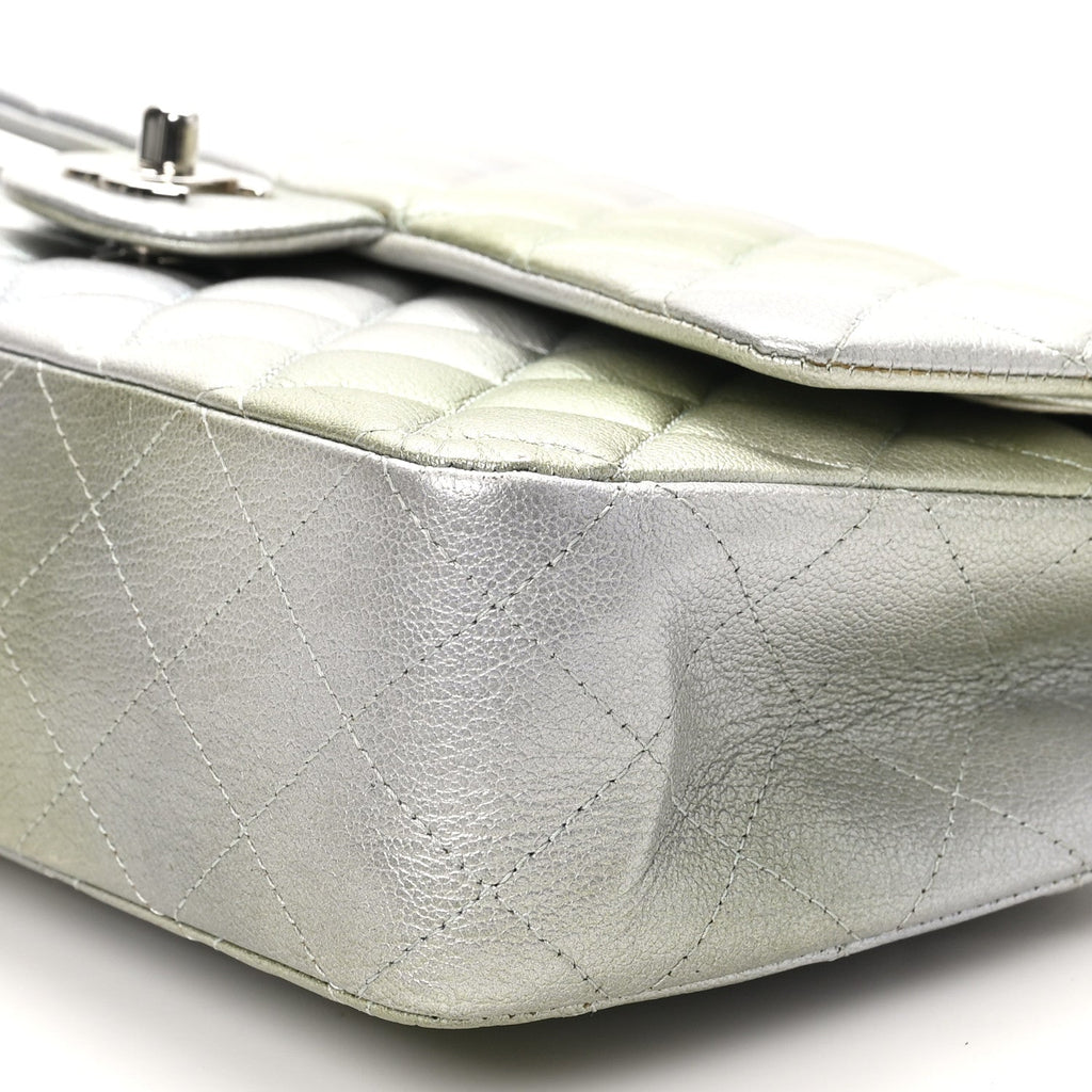 Metallic Goatskin Quilted Ombre Medium Double Flap Grey Green wholesalehk.shop