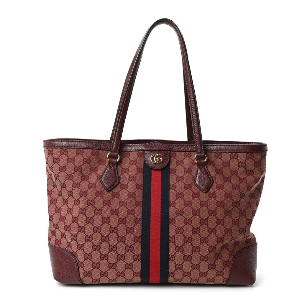 Monogram Textured Dollar Calfskin Web Medium Ophidia Shopping Tote Sahara Rubino Chardonnay wholesalehk.shop