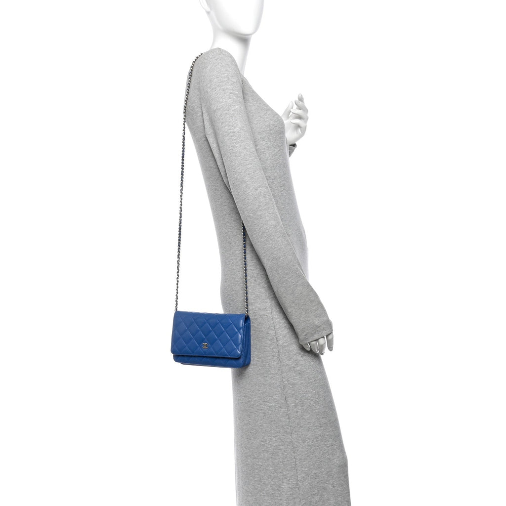 Lambskin Quilted Wallet On Chain WOC Blue wholesalehk.shop