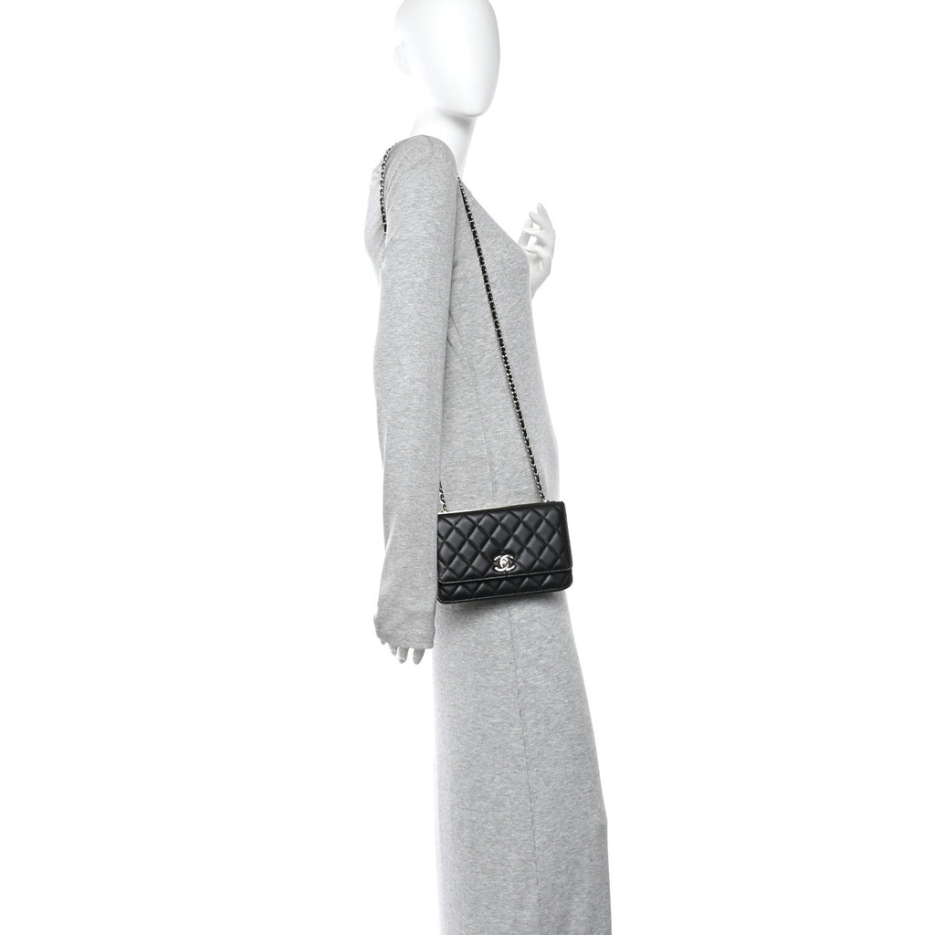 Lambskin Quilted Trendy CC Wallet On Chain WOC Black wholesalehk.shop