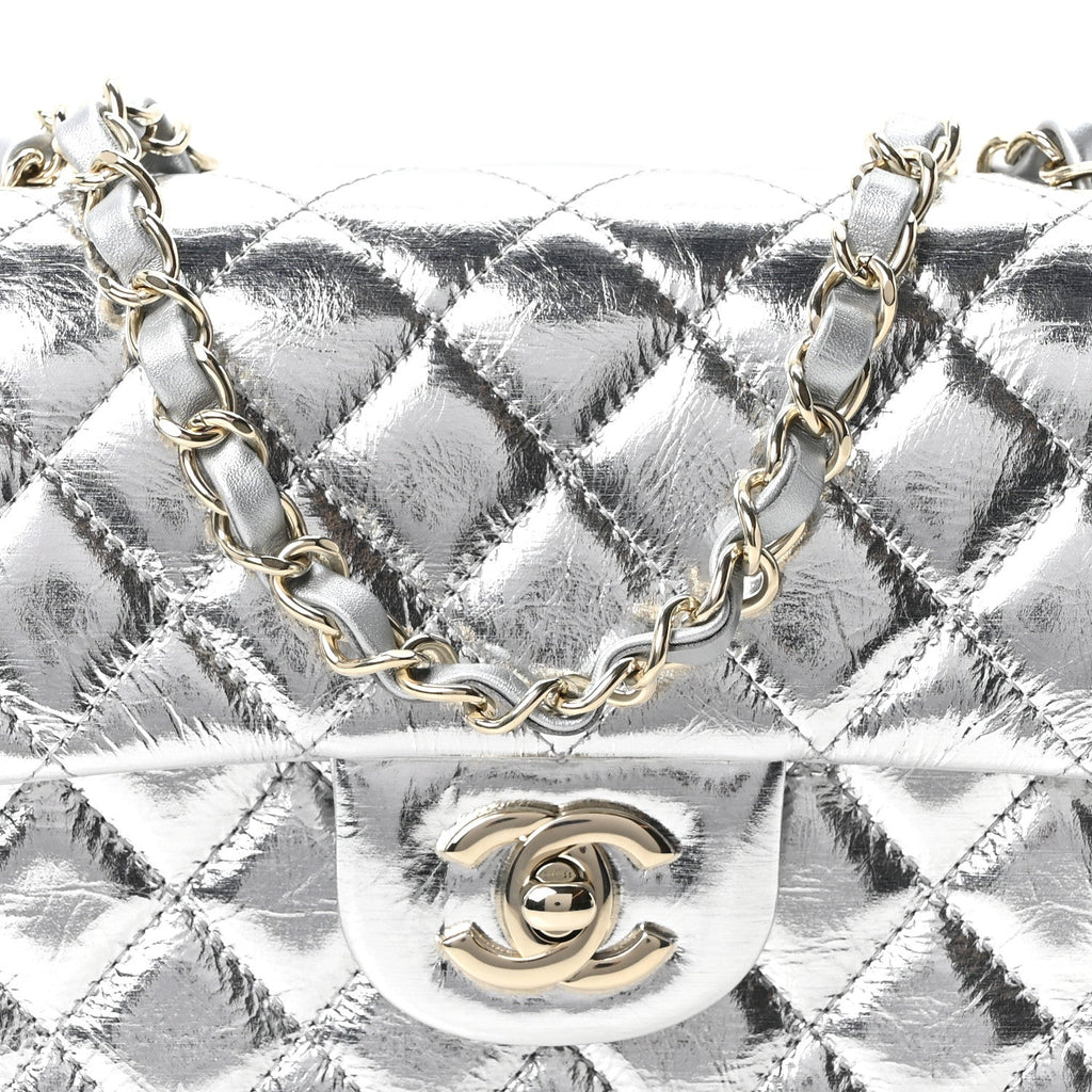Hammered Metallic Calfskin Quilted Small Double Flap Silver wholesalehk.shop