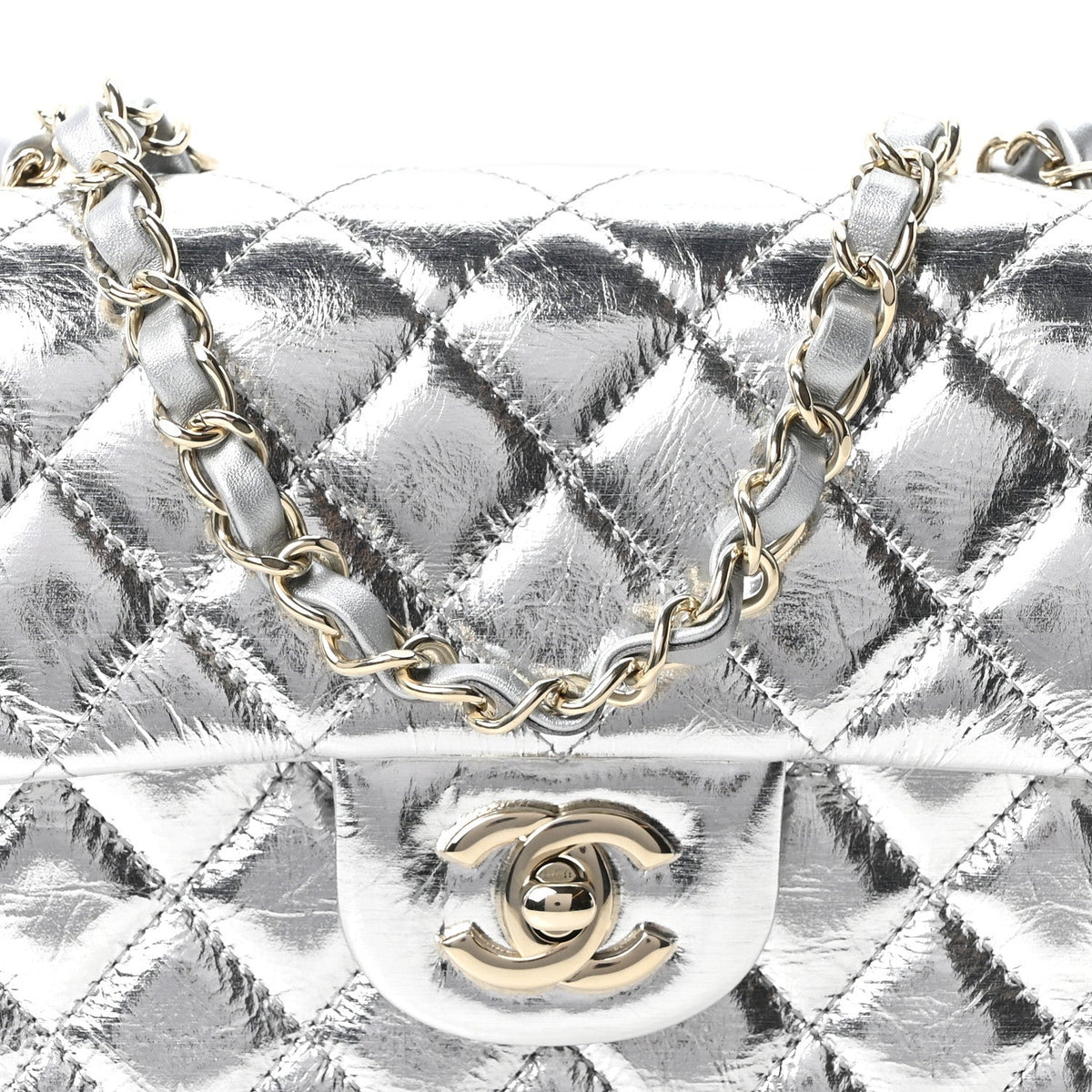 Hammered Metallic Calfskin Quilted Small Double Flap Silver wholesalehk.shop