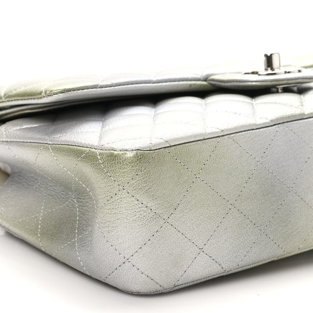 Metallic Goatskin Quilted Ombre Medium Double Flap Grey Green wholesalehk.shop