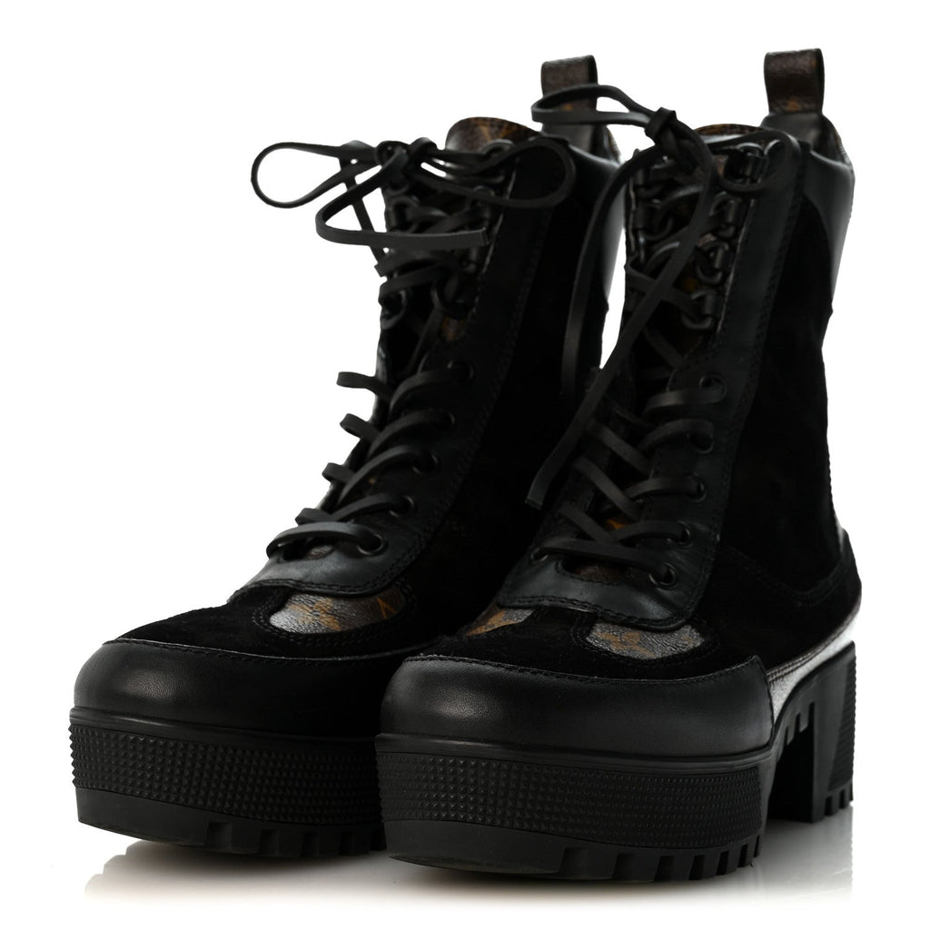 Suede Calfskin Monogram Laureate Platform Desert Boots 36.5 Black £¨ Direct shipment via from wholesalehk.shop