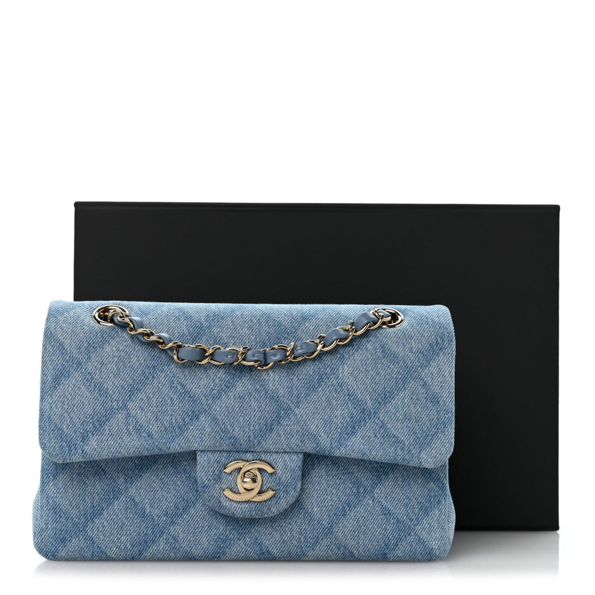 Printed Denim Quilted Small Double Flap Light Blue wholesalehk.shop