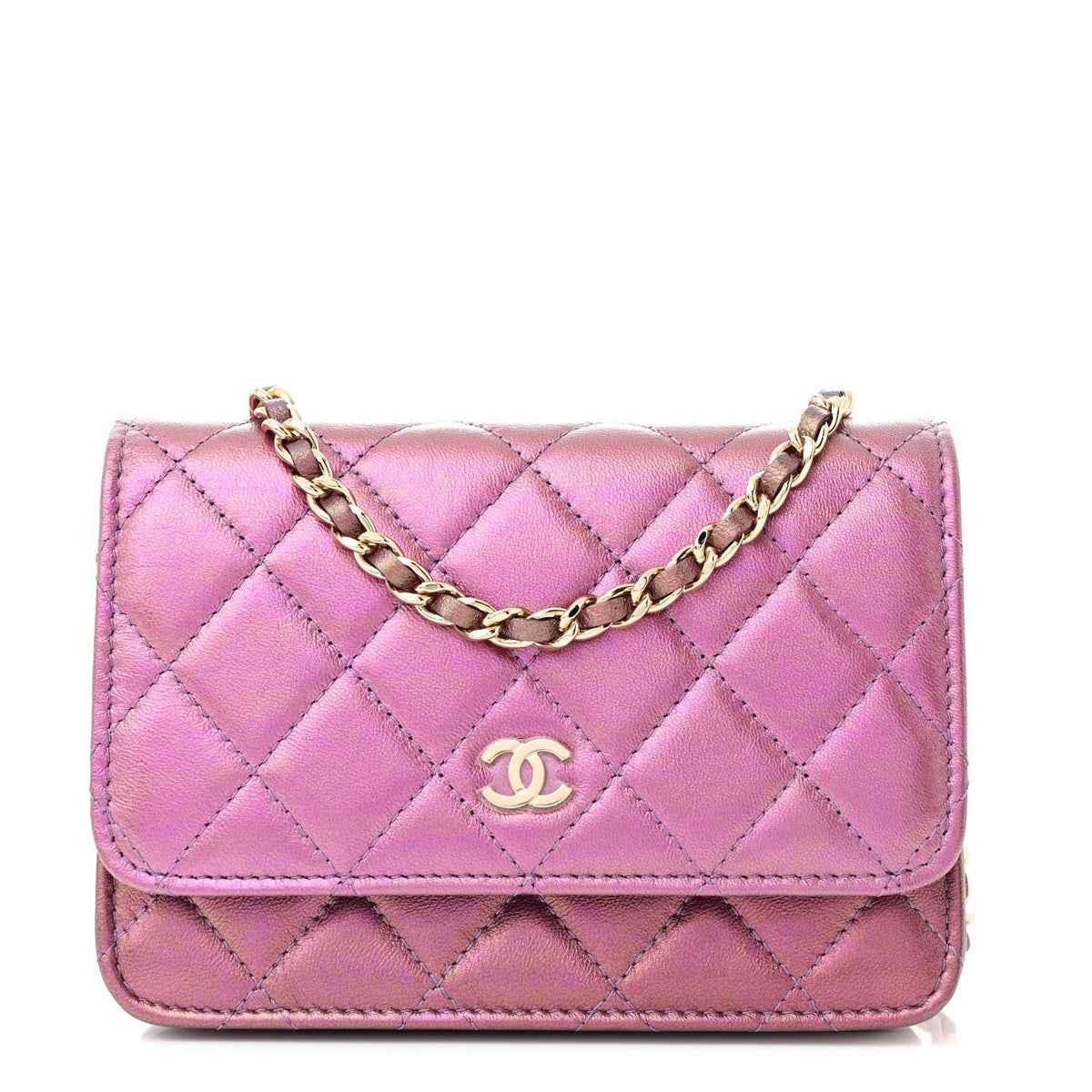 Iridescent Lambskin Quilted Mini Wallet On Chain WOC Purple wholesalehk.shop