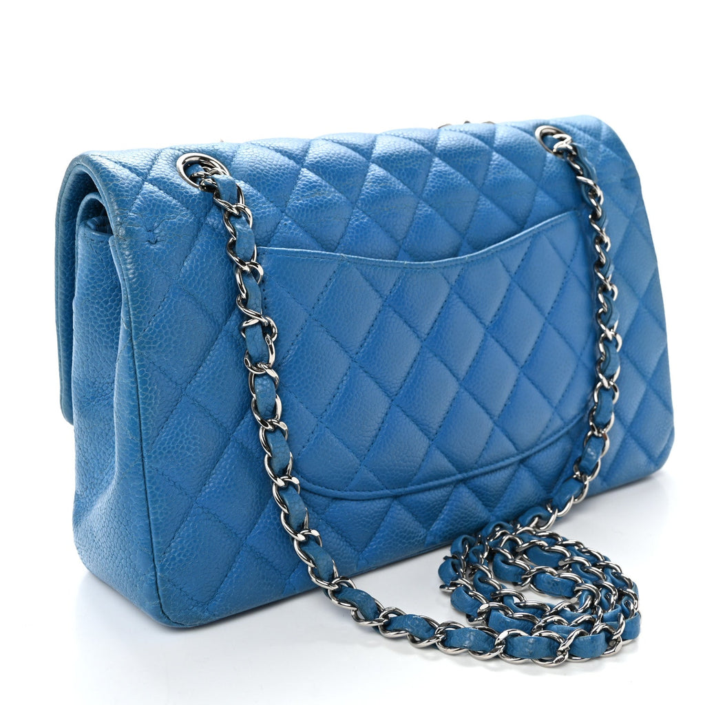 Iridescent Caviar Quilted Medium Double Flap Blue wholesalehk.shop
