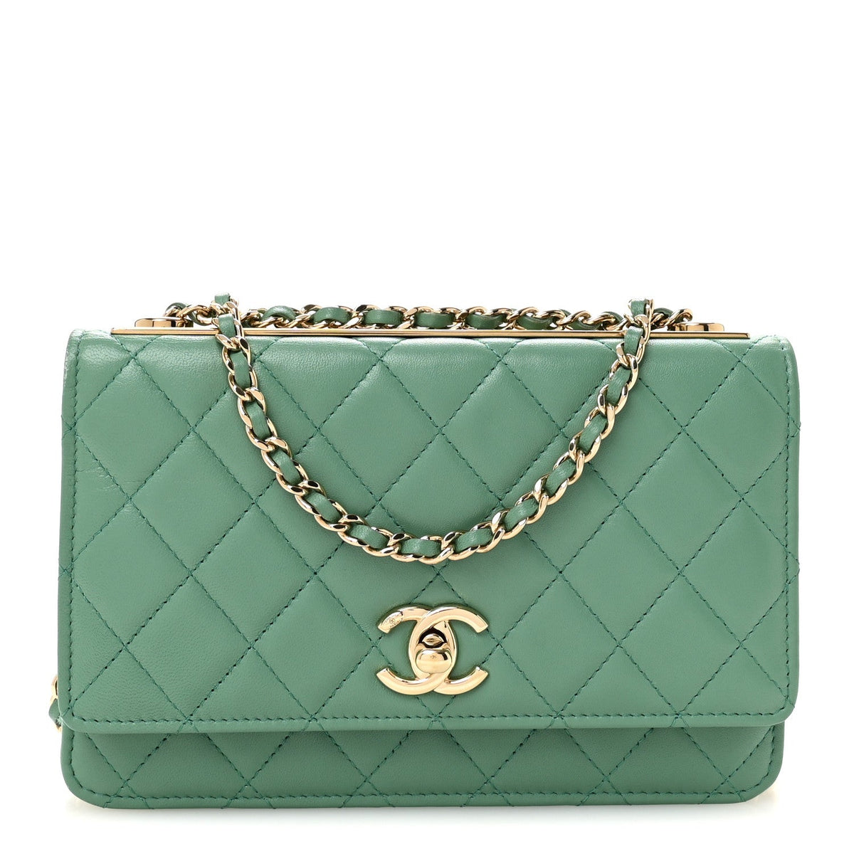 Lambskin Quilted Trendy CC Wallet On Chain WOC Green wholesalehk.shop