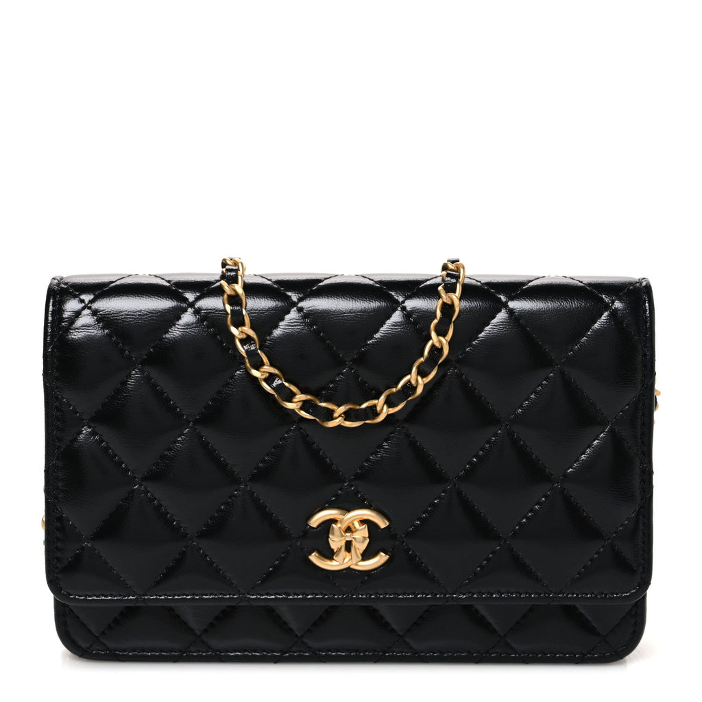 Shiny Lambskin Quilted CC Bow Wallet on Chain WOC Black wholesalehk.shop