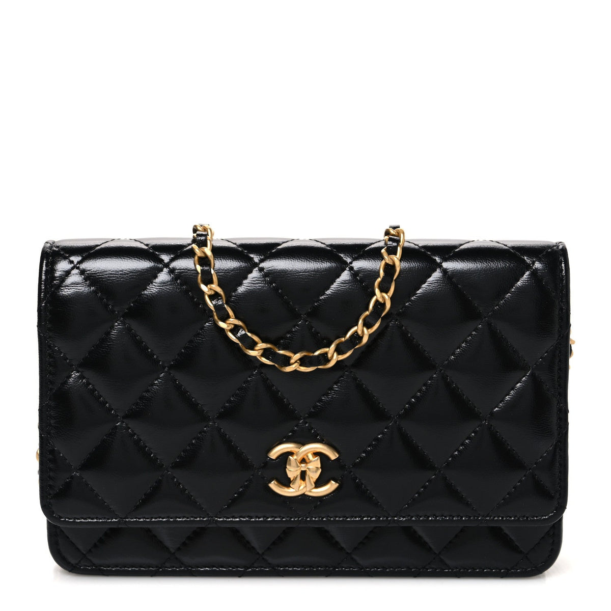 Shiny Lambskin Quilted CC Bow Wallet on Chain WOC Black wholesalehk.shop