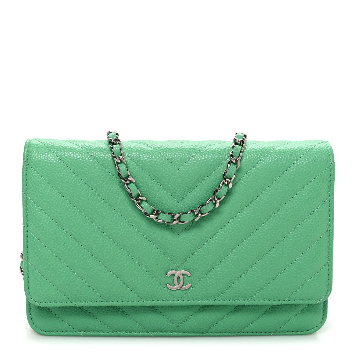 Caviar Chevron Quilted Wallet On Chain WOC Green wholesalehk.shop