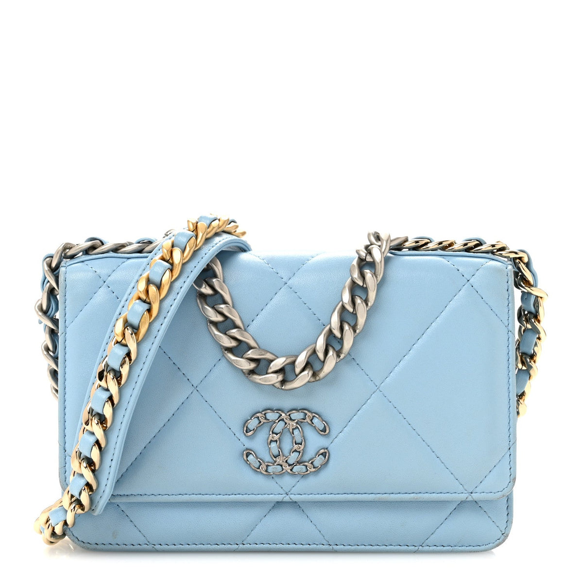 Lambskin Quilted Chanel 19 Wallet On Chain WOC Light Blue wholesalehk.shop