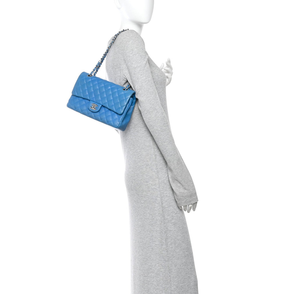 Iridescent Caviar Quilted Medium Double Flap Blue wholesalehk.shop