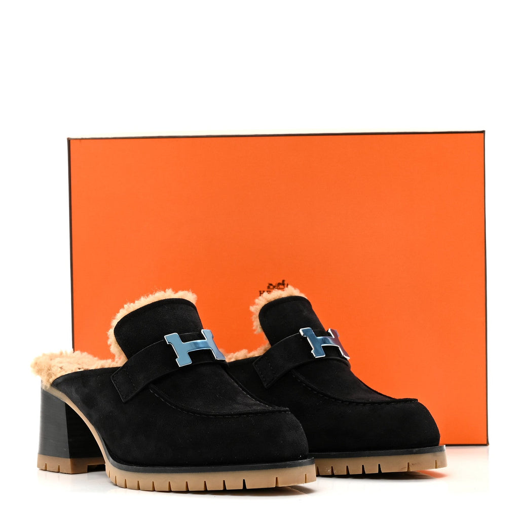 Suede Goatskin Woolskin Flore 60 Mules 36.5 Black Camel wholesalehk.shop