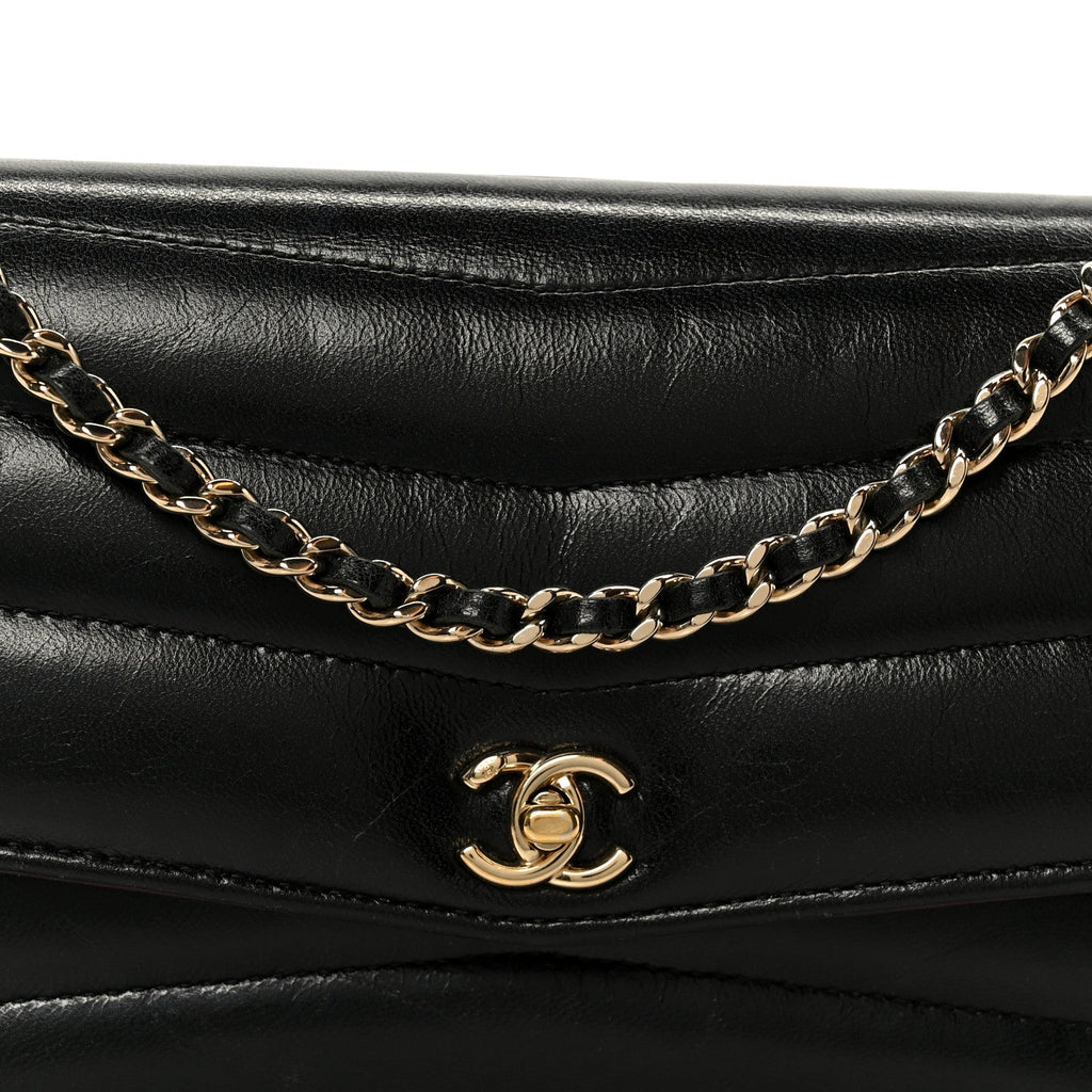 Lambskin Chevron Quilted Wallet On Chain WOC Black wholesalehk.shop