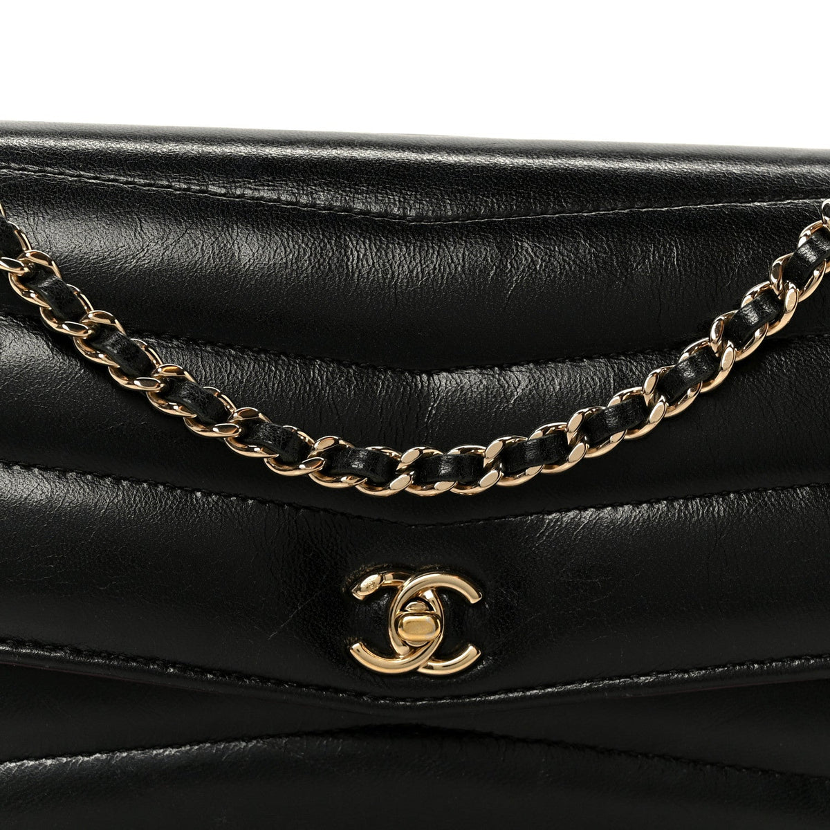 Lambskin Chevron Quilted Wallet On Chain WOC Black wholesalehk.shop